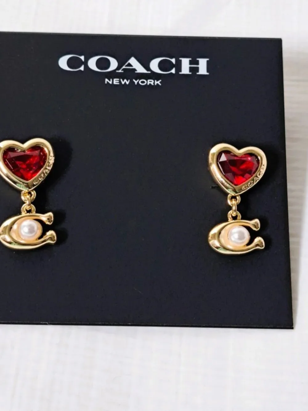 Coach Signature Red/Gold/Pearl Heart Drop Earrings NWT - Picture 2 of 9